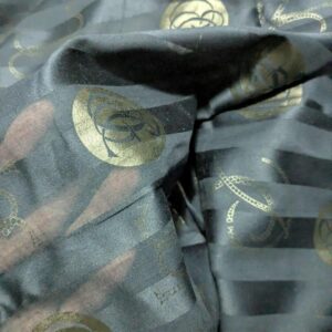 Gold Logos on Navy Blue Striped Chiffon Poly Woven (140cm x 300cm)