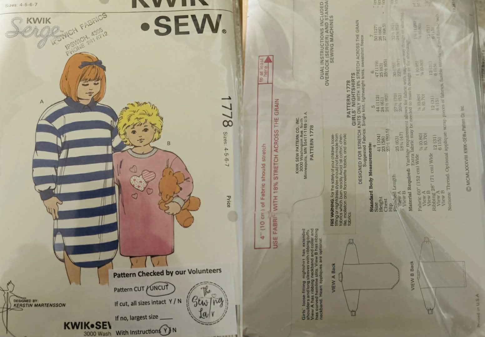 Pattern: (1980s) Kwik Sew #1778 Kids Sleepwear (Size 4–7)
