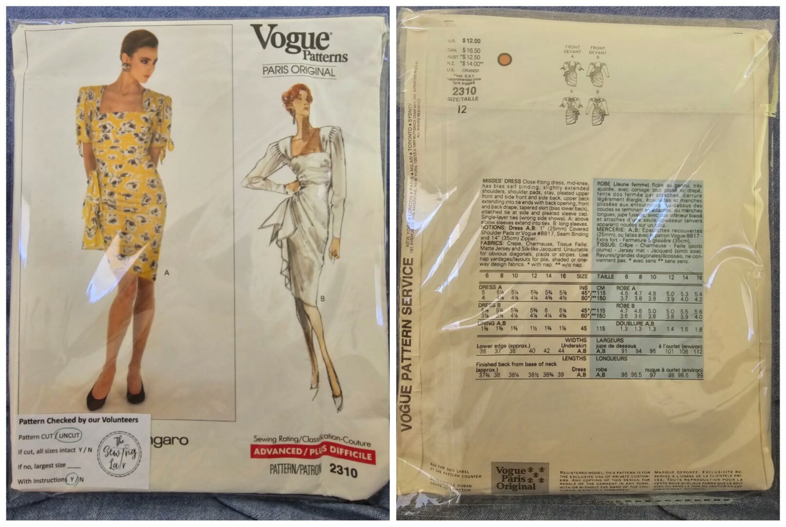 Pattern: (1989) Vogue Paris Original by Designer Emanual Ungaro UNCUT (Size 12)