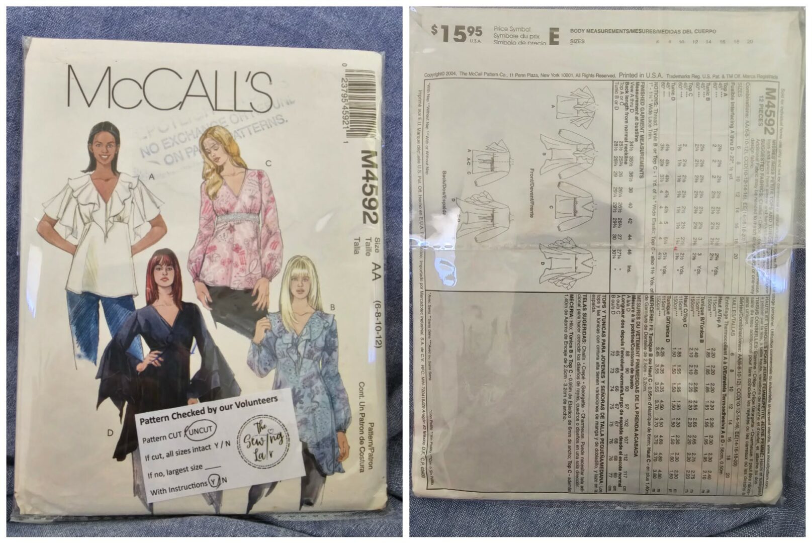 Pattern: McCalls #M4592 Ladies Tops & Tunics (Size 6-12)