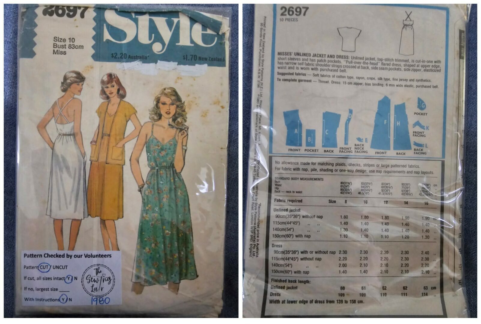 Vintage Pattern: (1980) Style #2697 Ladies Unlined Jacket & Dress (Size 10) - misprinted envelope