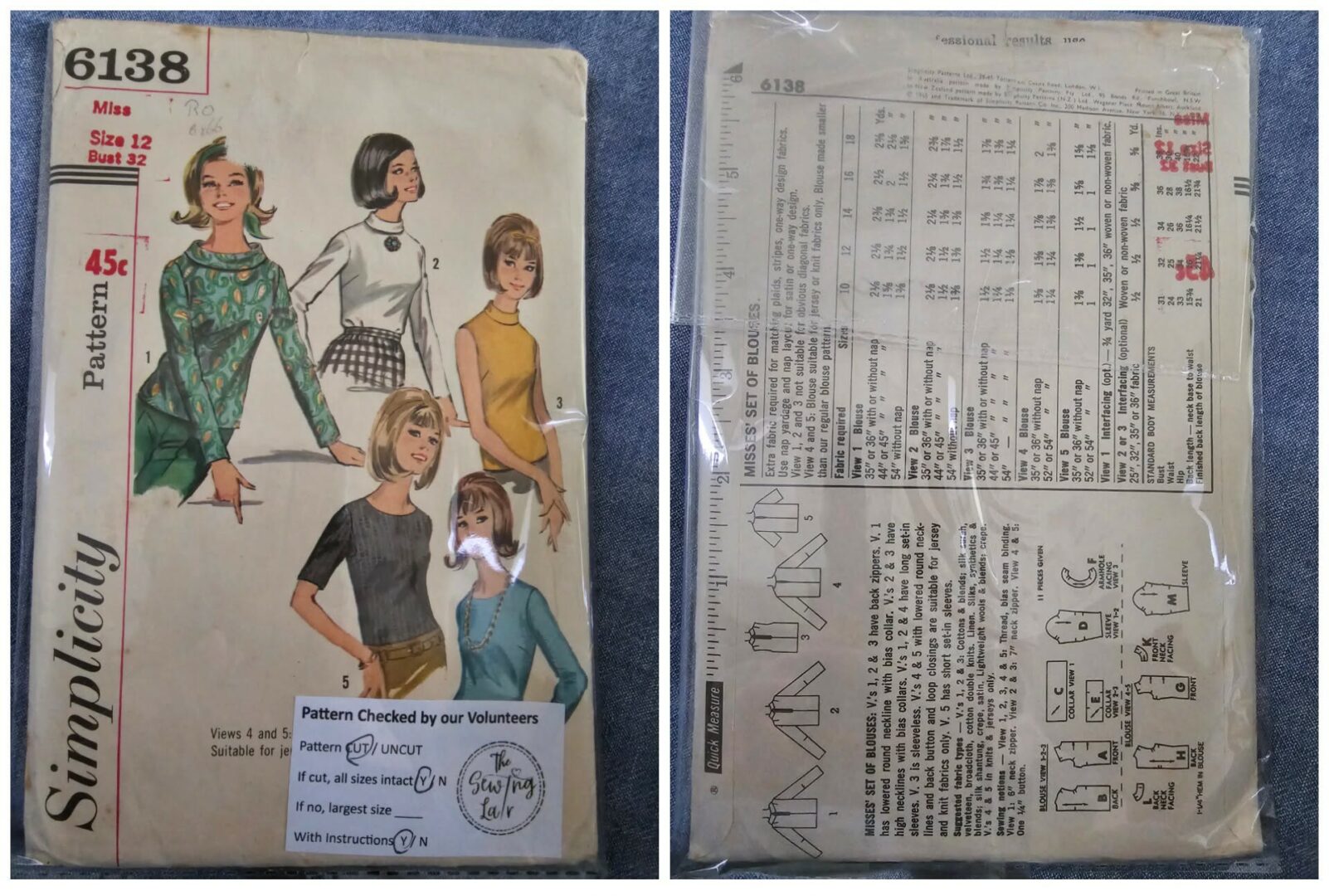 Vintage Pattern: (1965) Simplicity #6138 Ladies set of blouses (Size 12)