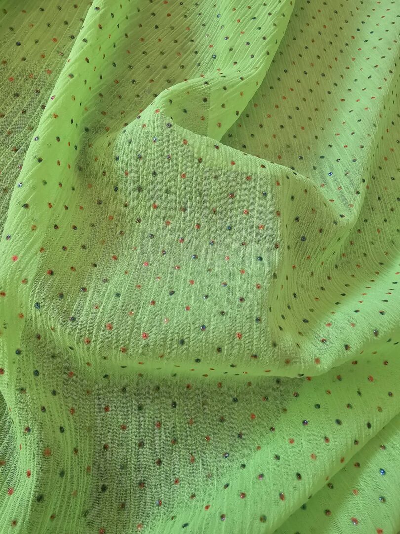 Fluro Yellow with Rainbow Dots Crinkle Chiffon (155cm x 440cm)