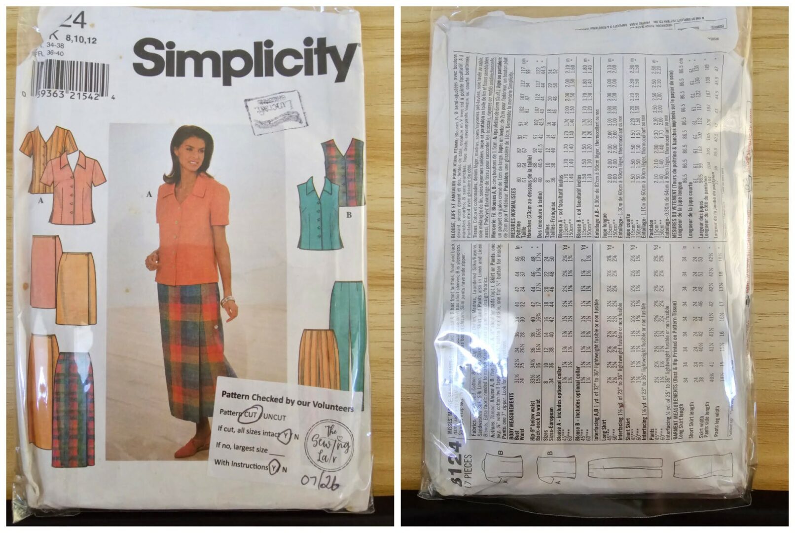 Pattern: Simplicity #8124 Ladies Blouse, Skirt & Pants. (Size 8-12)