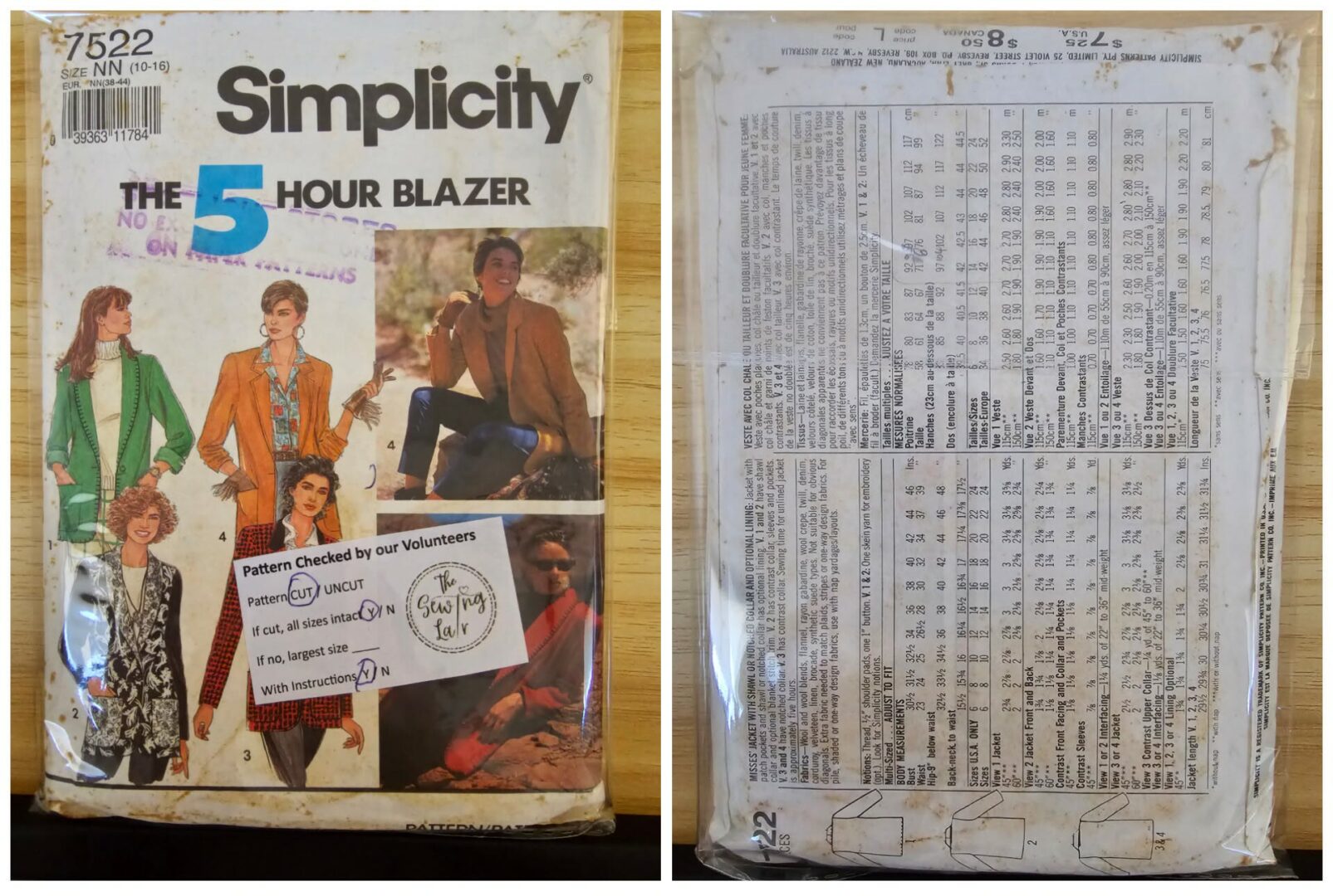 Pattern: (1991) Simplicity #7522 Womens Blazer. (Size 10-16)