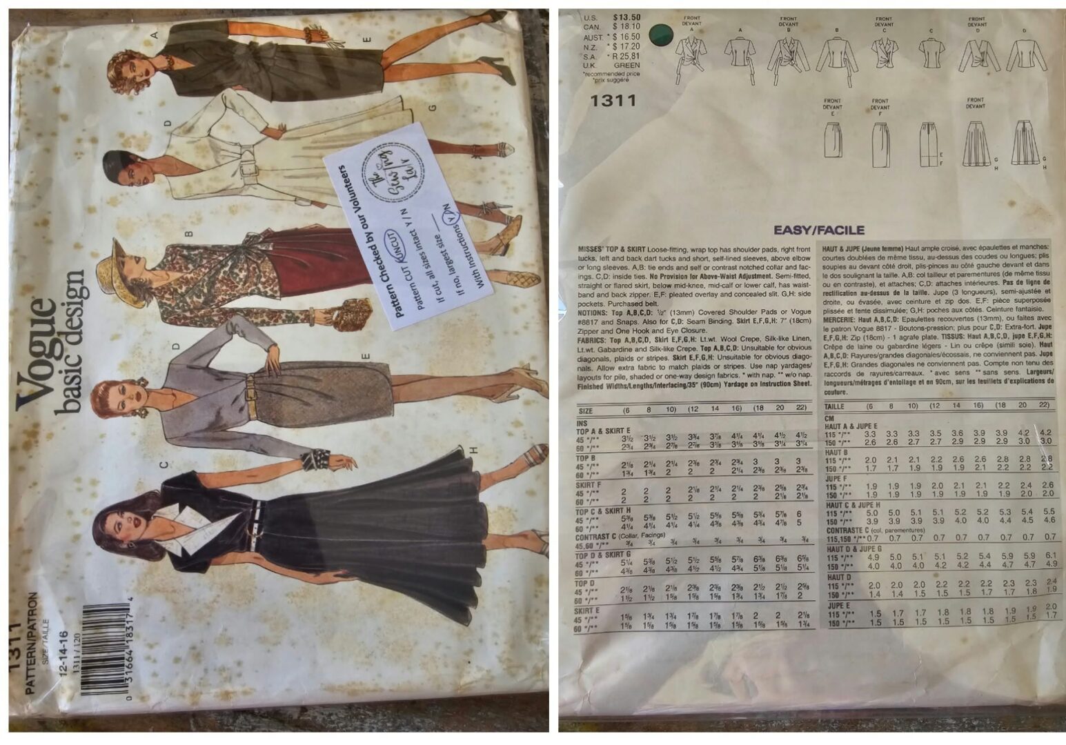 Pattern: Vogue Large Format #1131 Ladies Top & Skirt (Size 12-16)