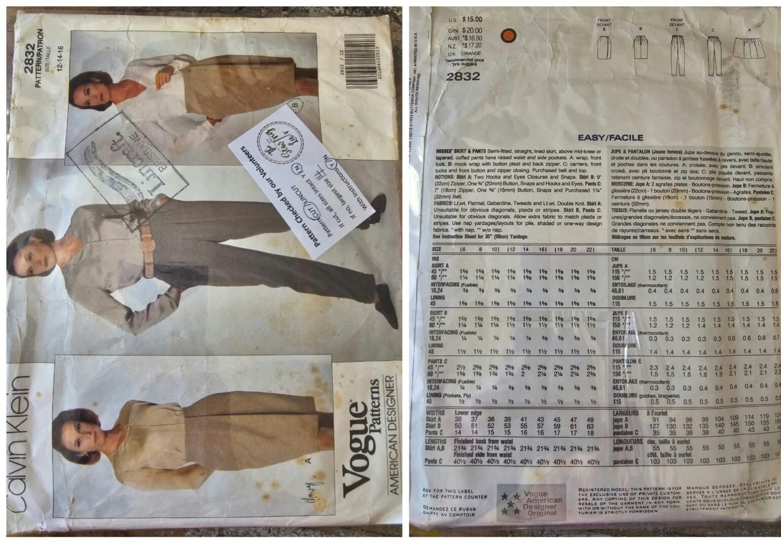 Pattern: Vogue Large Format #2832 Ladies Skirt & Pants (Size 12-14)