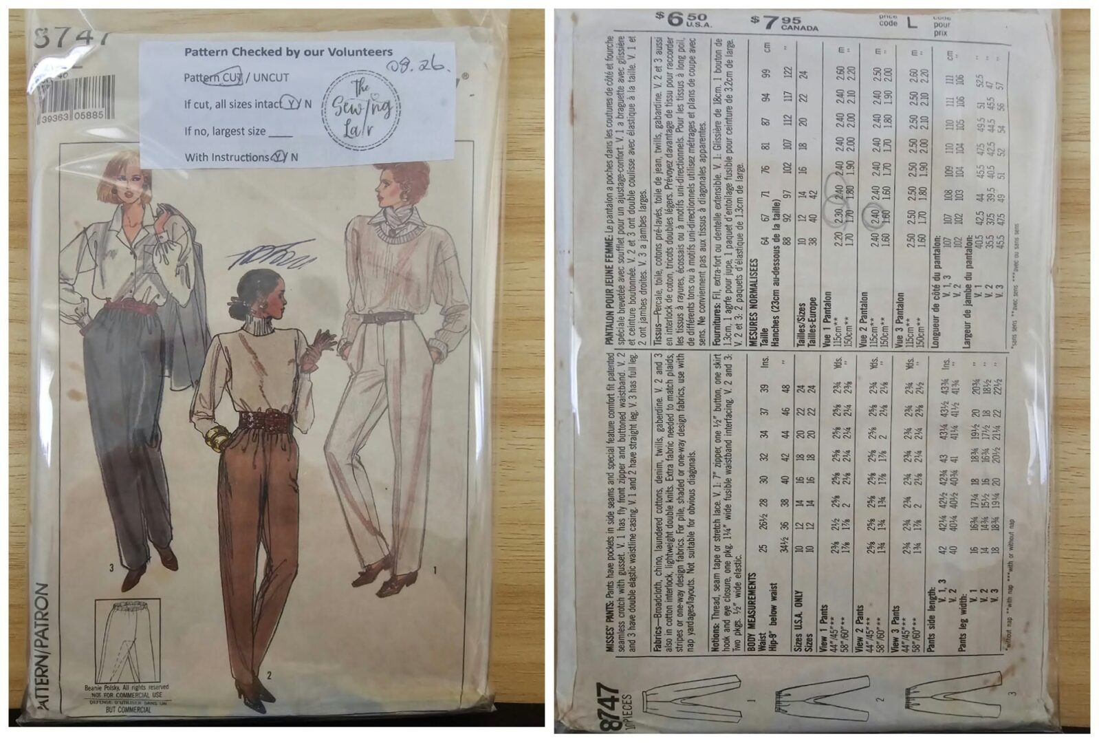 Pattern: 8747 Ladies Pants (Size 12)