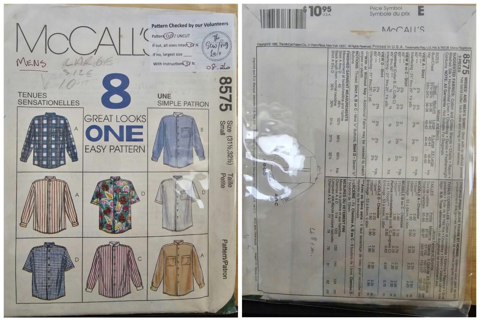 Pattern: McCalls #8575 Ladies & Men's Shirts (Size S/ 31.5-32.5)