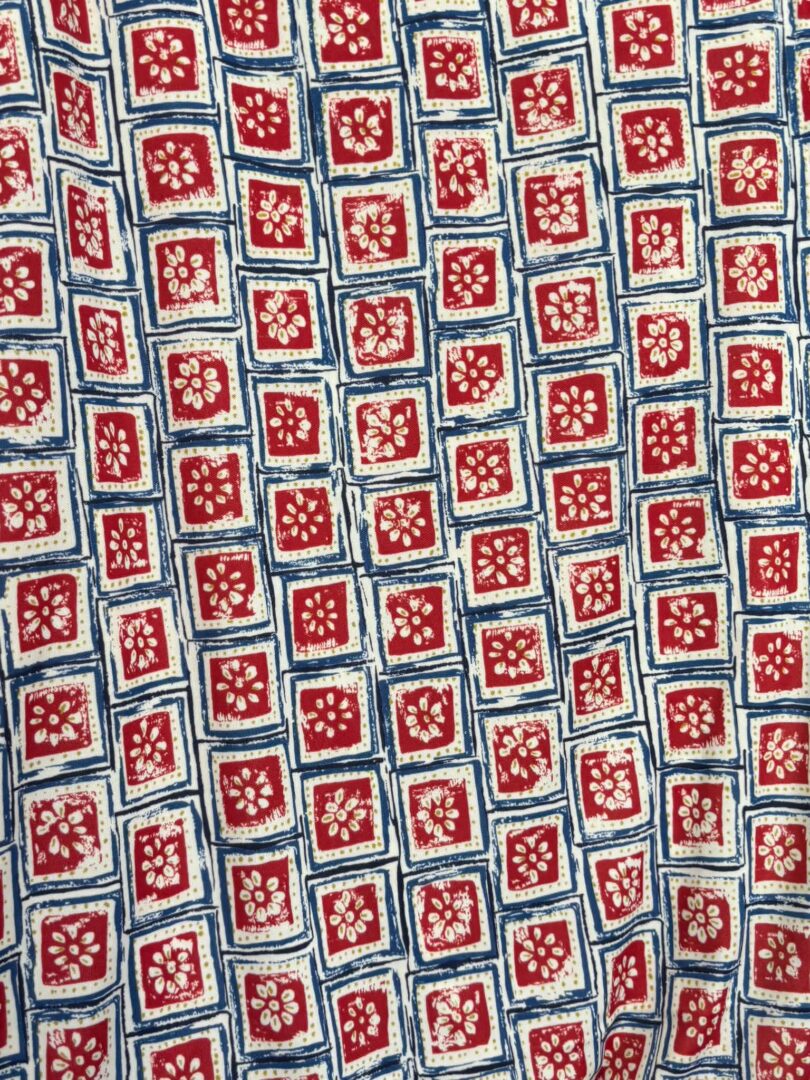 Red & Cream Geometric Floral Squares Poly Jersey (160cm x 230cm)